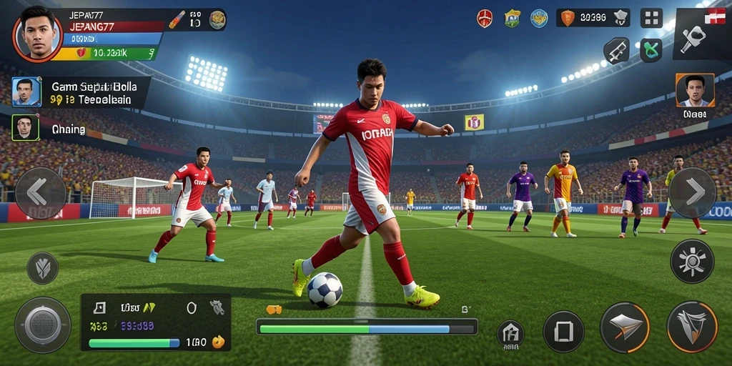 Tampilan gameplay menarik dari JEPANG77 dengan aksi sepak bola intens.